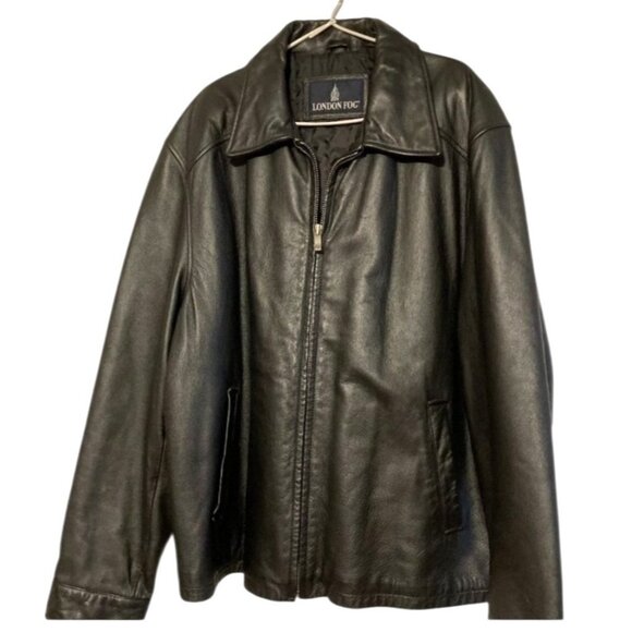 Men's Black Leather London Fog Bomber Jacket Size L - Picture 1 of 9